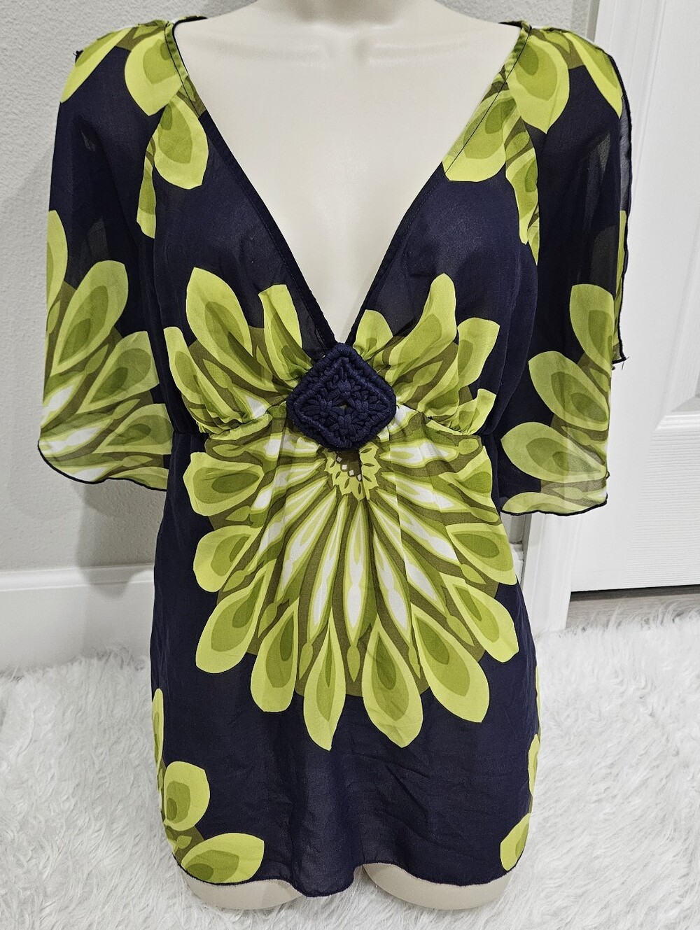 Women’s Navy Blue Floral V-Neck Blouse with Lime Green Print